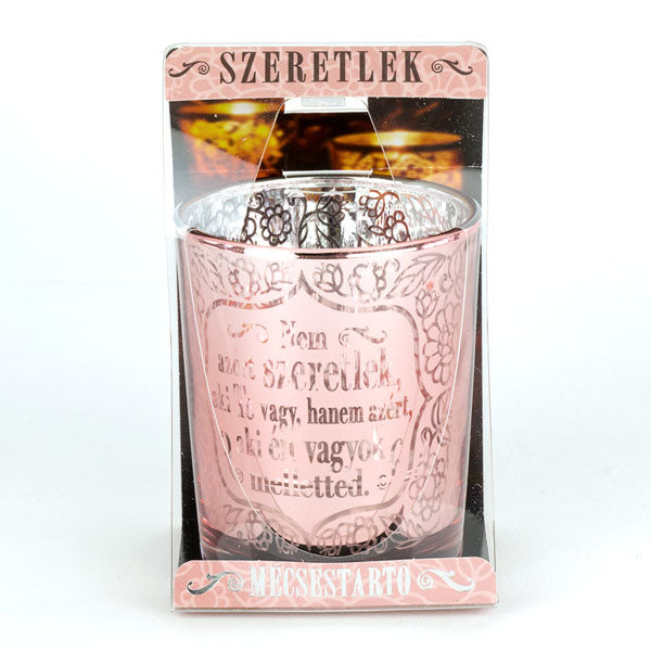 Szeretlek feliratú rózsaarany színű mécsestartó