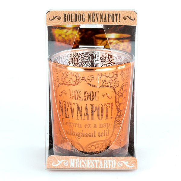 Boldog névnapot - rosegold színű, névnapi mécsestartó
