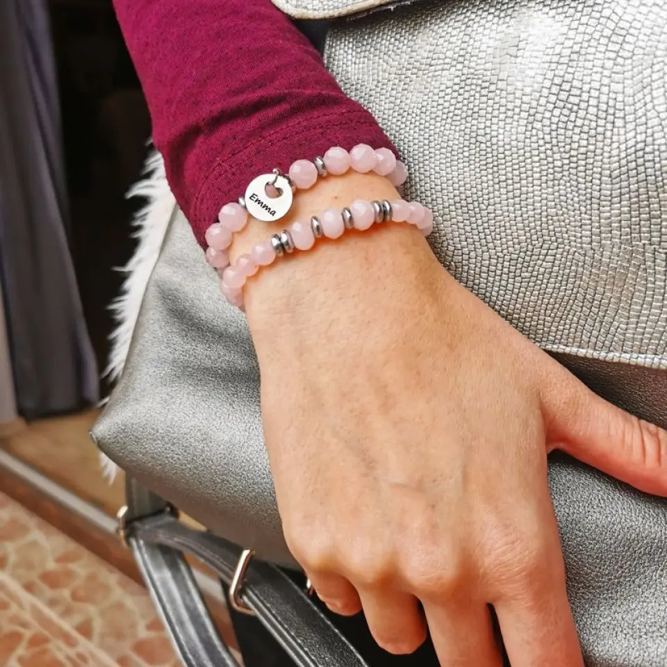 Pillecukor rózsakvarc karkötő szett - csináld magad ékszer, gravírozott medállal