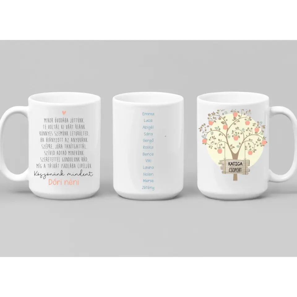 Ballagási ajándék ovónéniknek - gyerekneves kerámia bögre egyedi ajándék