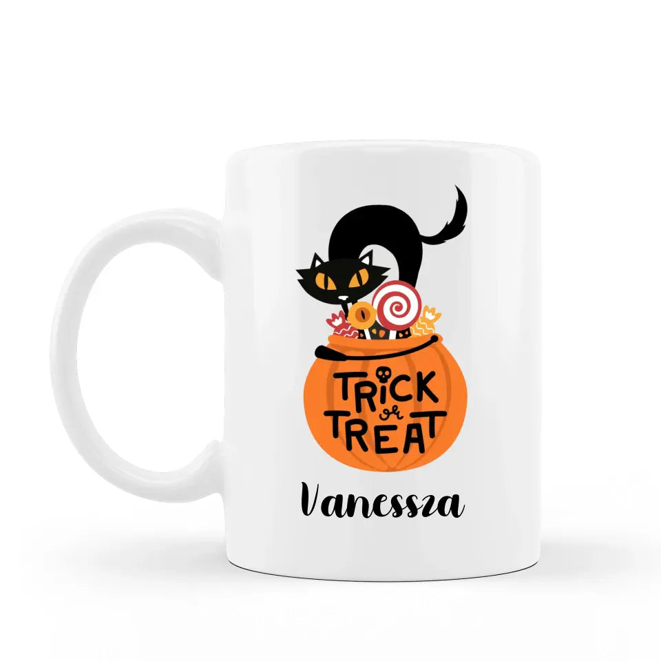 Fekete macskás, Trick or treat feliratú bögre névvel