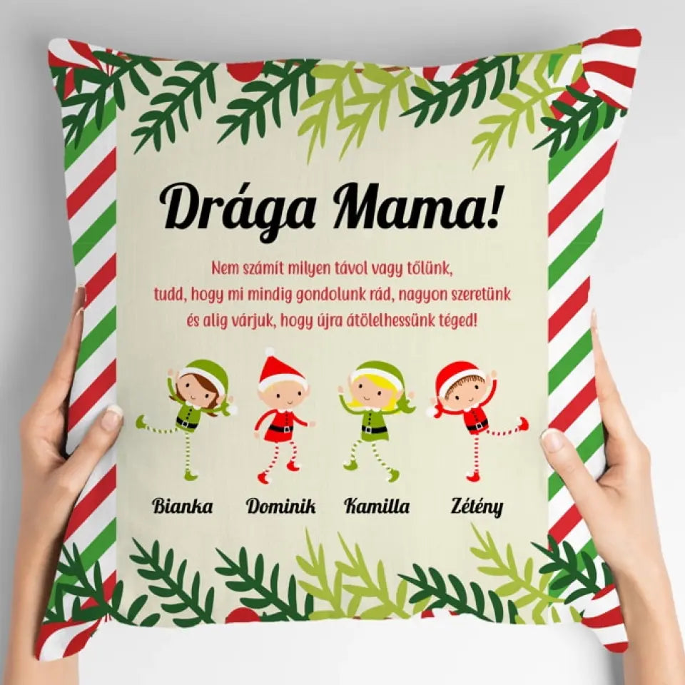 Karácsonyi manós párna az unokák nevével