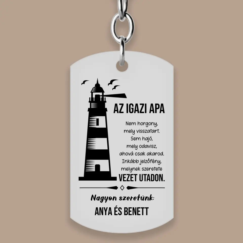 Világítótornyos, gravírozott kulcstartó apának