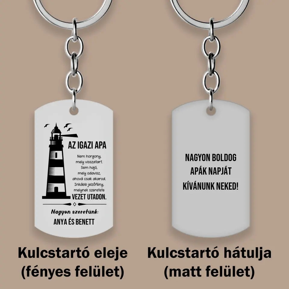 Világítótornyos, gravírozott kulcstartó apának, egyedi ajándék