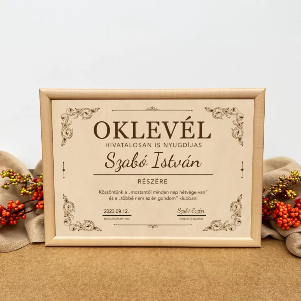 Nyugdíjba vonulási ajándék - oklevél keretben