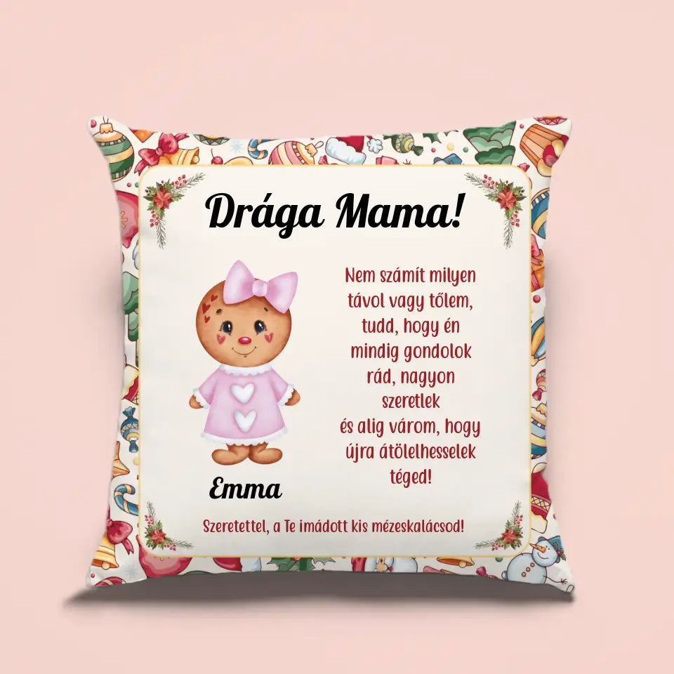 Karácsonyi mézeskalácsos párna az unokák nevével