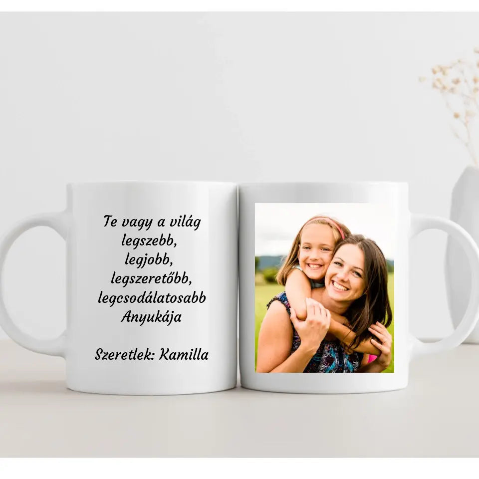 Különleges anyák napi ajándék, 2 oldalas  saját fényképes bögre