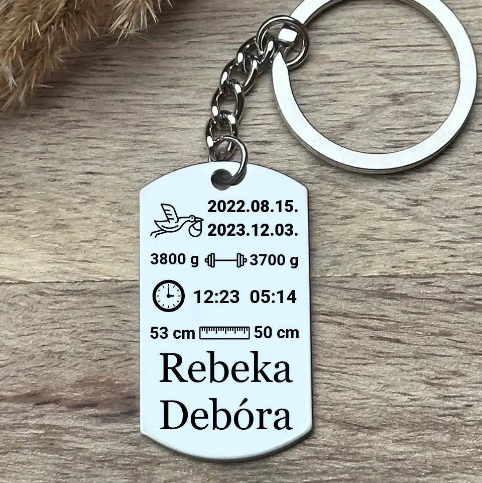 baba emlékőrző kulcstartó - 2 gyermekes. Nemesacél medállal, a gyerekek születési adataival. Választhatsz rá díszítő charmokat is. Szuper ajándék ötlet babaköszöntőre.