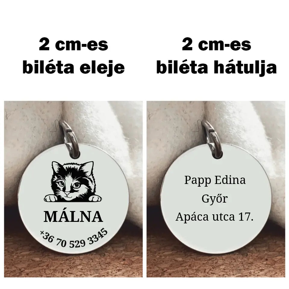 Gravírozott cicabiléta, aranyos grafikával