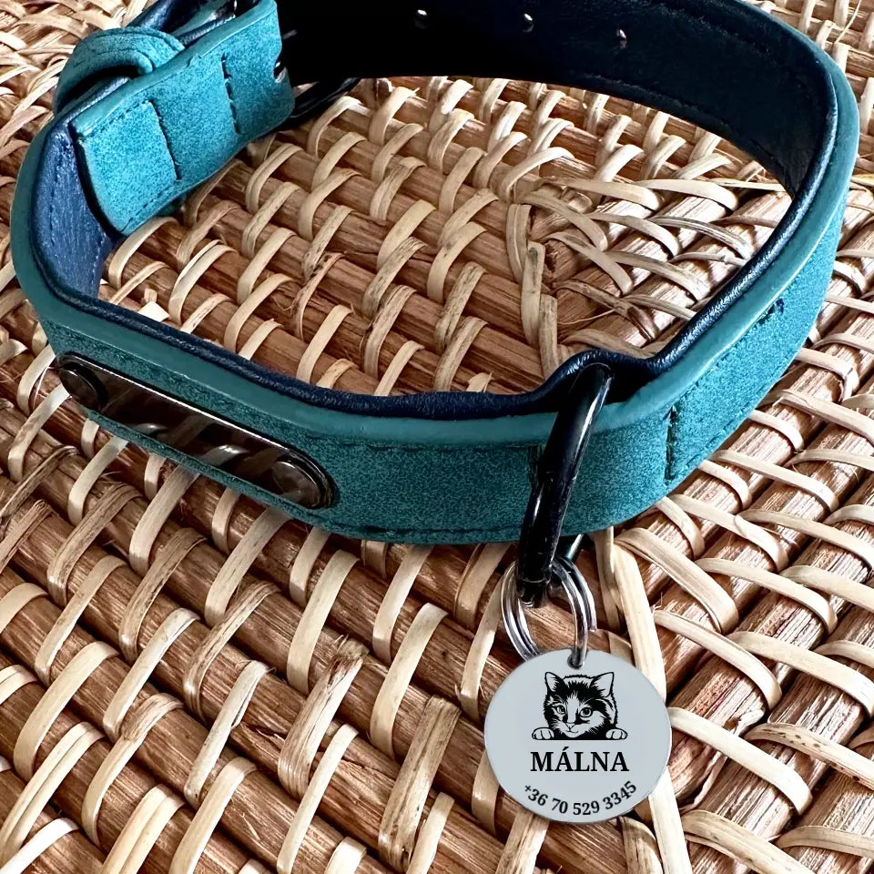 Gravírozott cicabiléta, a gazdi adataival