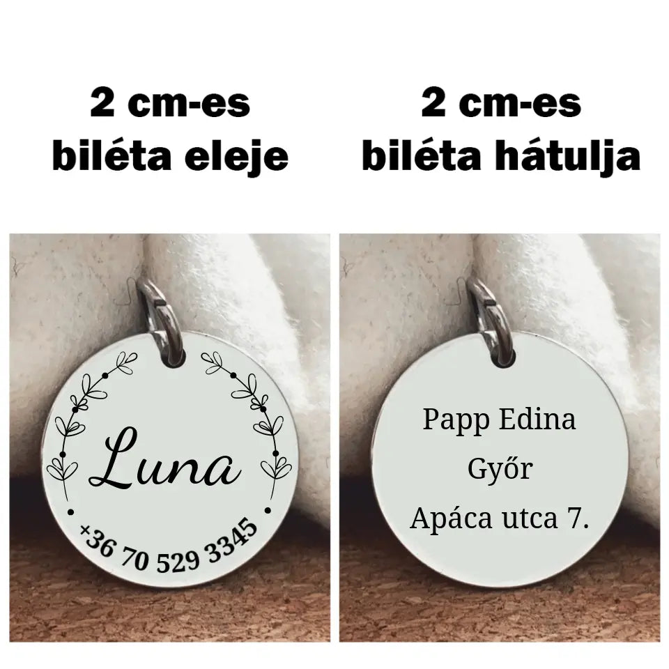 Egyedi macska biléta, gravírozással, a gazdi adataival