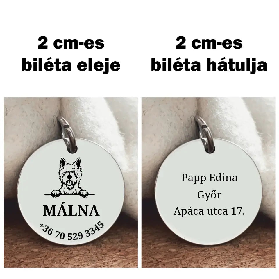 Westie kutya biléta, nemesacél medál