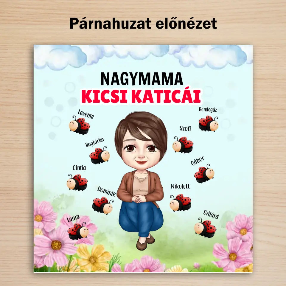 Unokás katicás párna Nagymamáknak