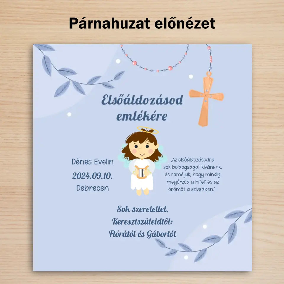 Ajándék elsőáldozásra keresztszülőktől - bájos párna