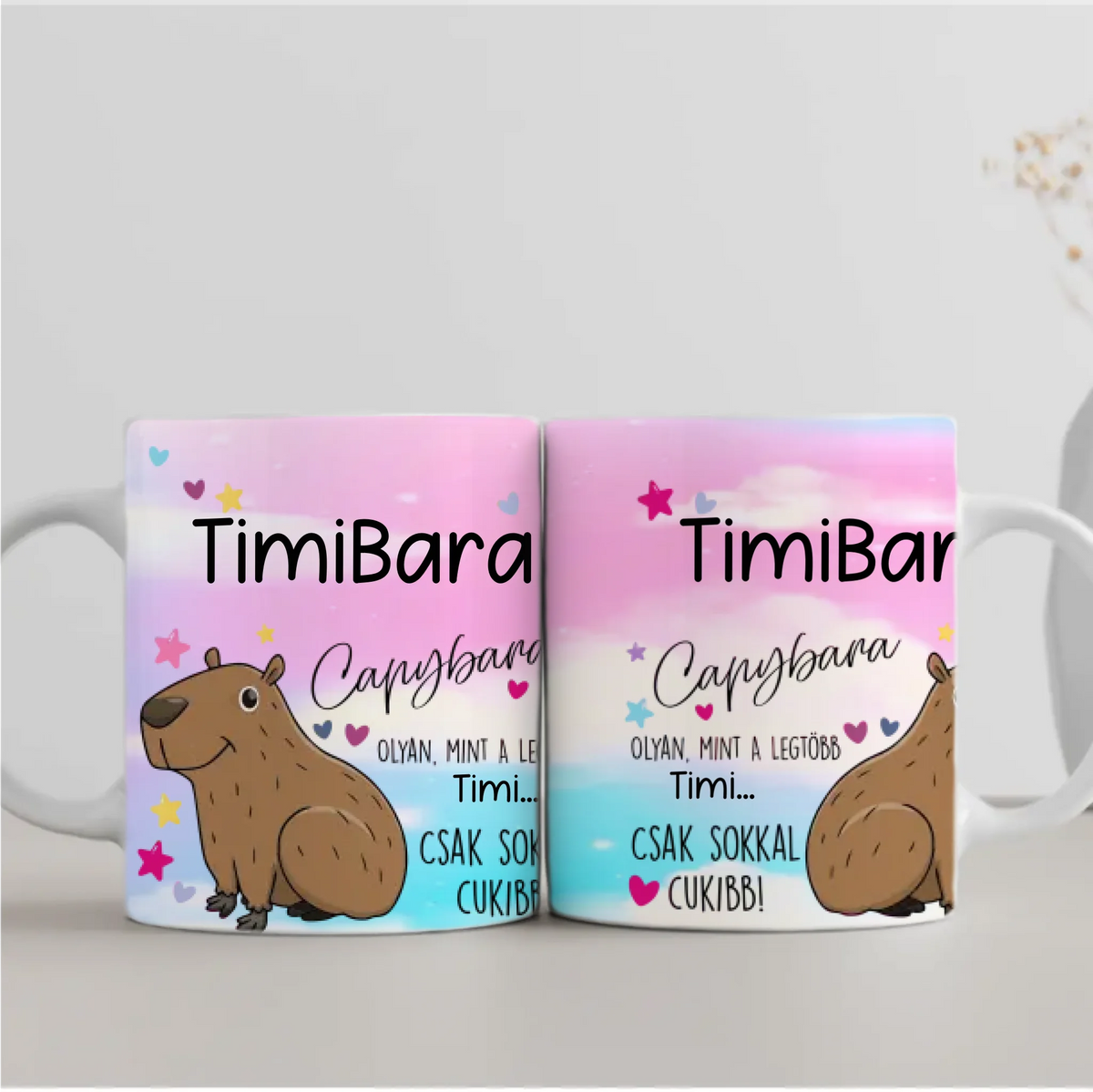 Cuki, színes capybara bögre – saját névvel