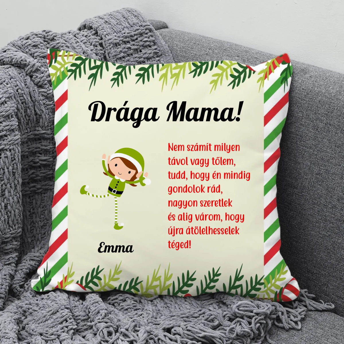 Karácsonyi manós párna az unokák nevével