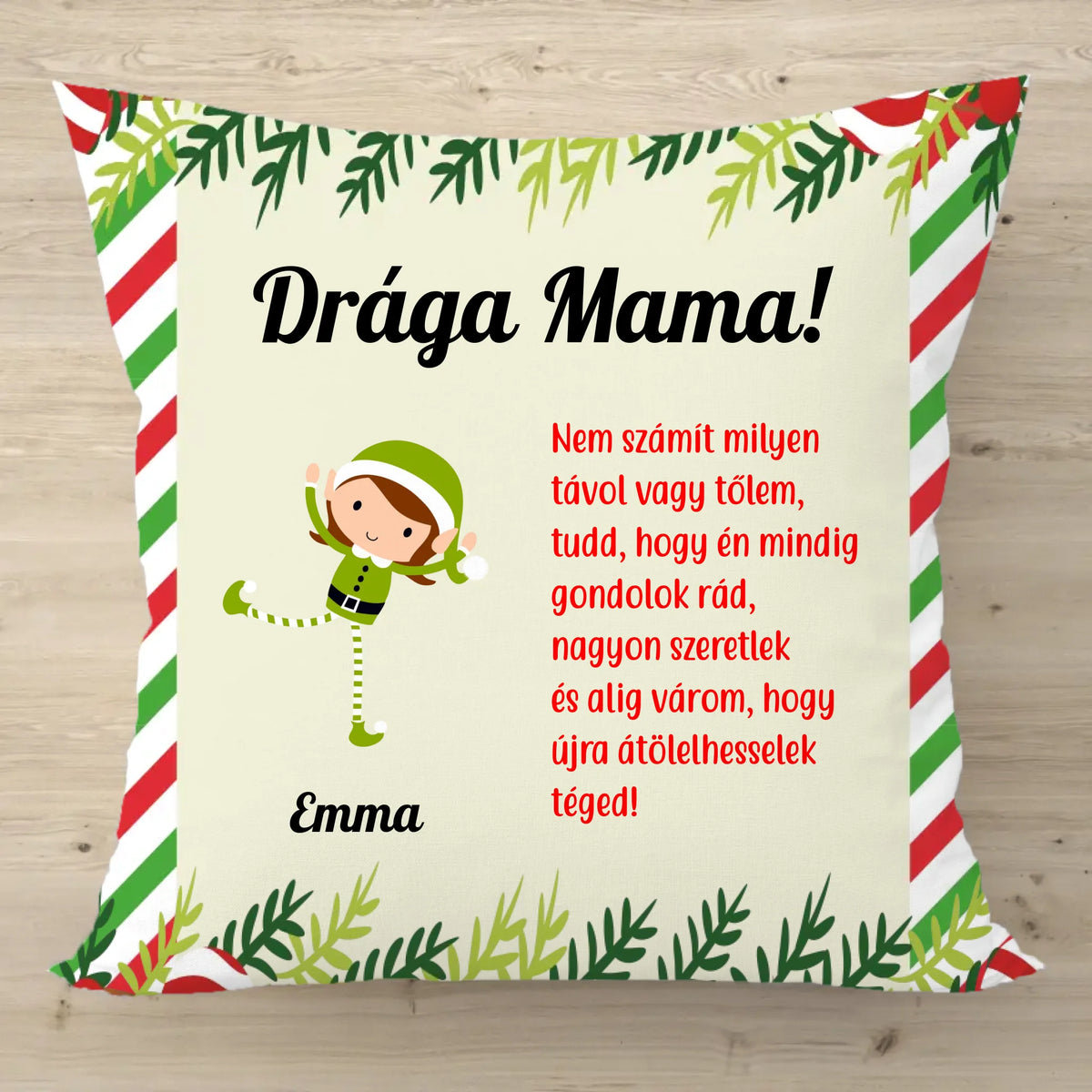 Karácsonyi manós párna az unokák nevével