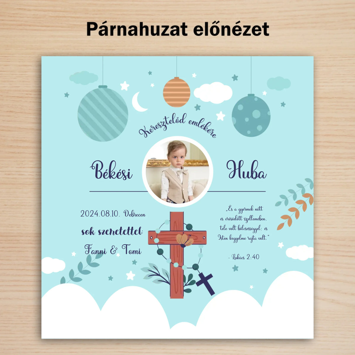 Keresztelő ajándék kisfiúnak - fényképes párna