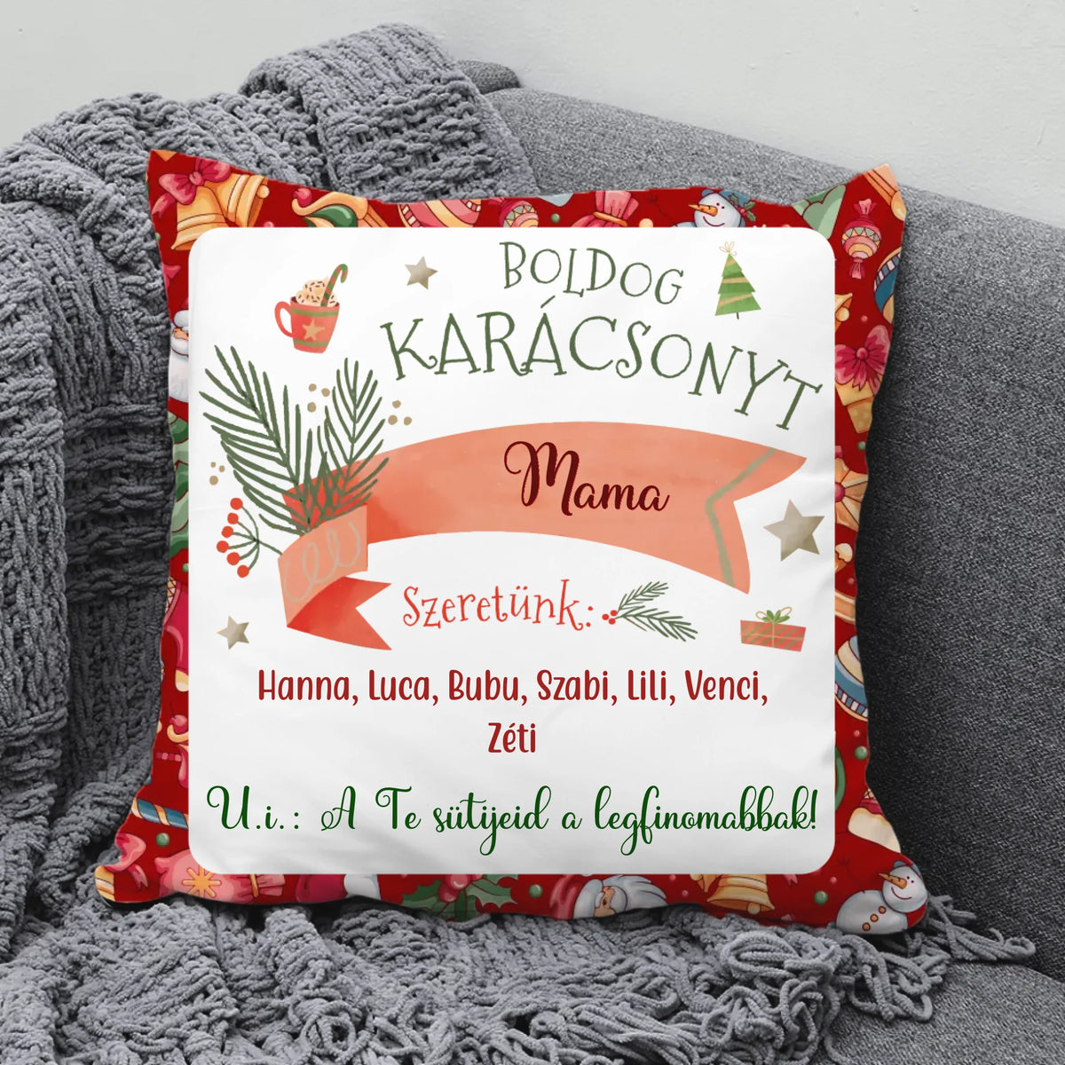 Karácsonyi párna nagymamáknak az unokák nevével
