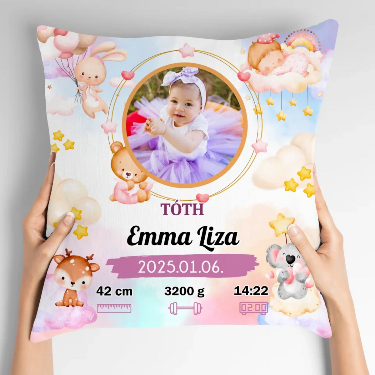 Kislányos baba emlék párna fényképpel